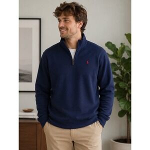 Polo Ralph Lauren Mens XL Navy Blue Estate Rib Quarter Zip Pullover Sweater